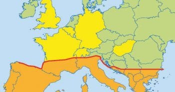 Figure 1. Leishmania infantum distribution in Europe, courtesy of the European Scientific Counsel Companion Animal Parasites. The orange area shows where the disease is endemic. The yellow shows reported cases.
