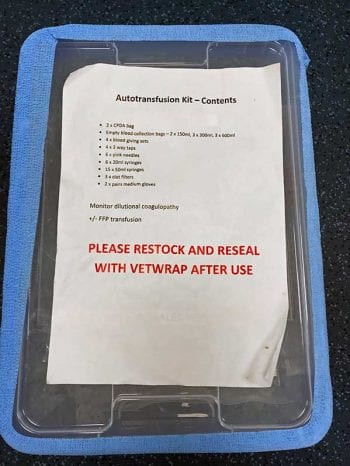 Figure 1a. An autologous blood transfusion box – showing an equipment checklist.