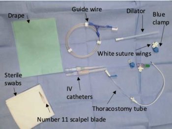 Figure 4. Contents of commercially available over-the-wire thoracostomy tube placement kit, including a dilator, which is often not required.