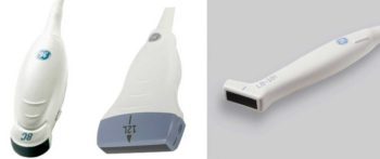 Figure 1. Examples of different types of ultrasound transducers or probes. 1a. A micro-convex transducer producing frequencies of between 6MHz and 10MHz. 1b. A linear transducer producing frequencies of between 5MHz and 13MHz. 1c. A more specialised linear “hockey stick” transducer that can produce frequencies of up to 18MHz.