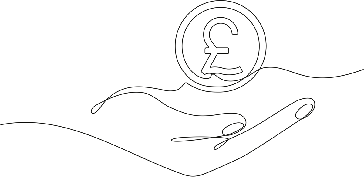 Line drawing of hands exchanging money.